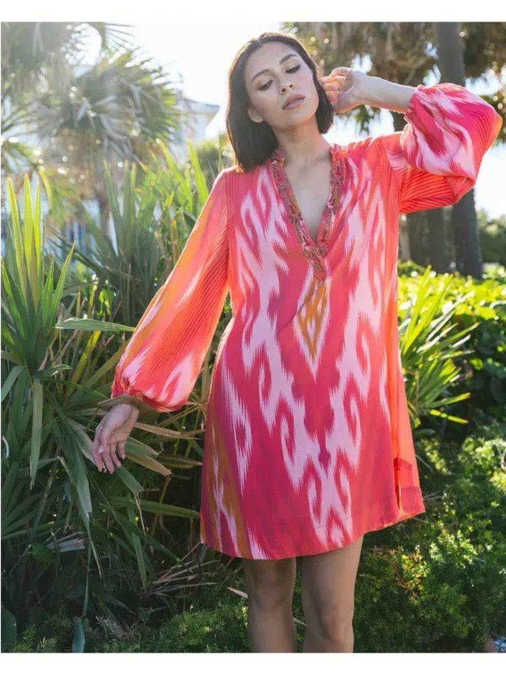 Figue Rylene Embroidered Tie Belt Dress Salome Ikat Sunset Coral Print Size XXS